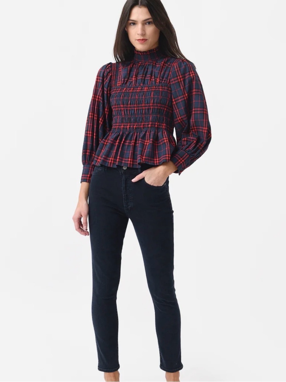 HUNTER BELL Navy and Red Plaid Smocked Peplum Blouse